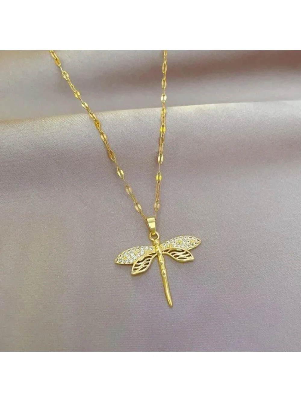 14k Yellow Gold Dragonfly Charm Necklace with Crystal Pendant for Women